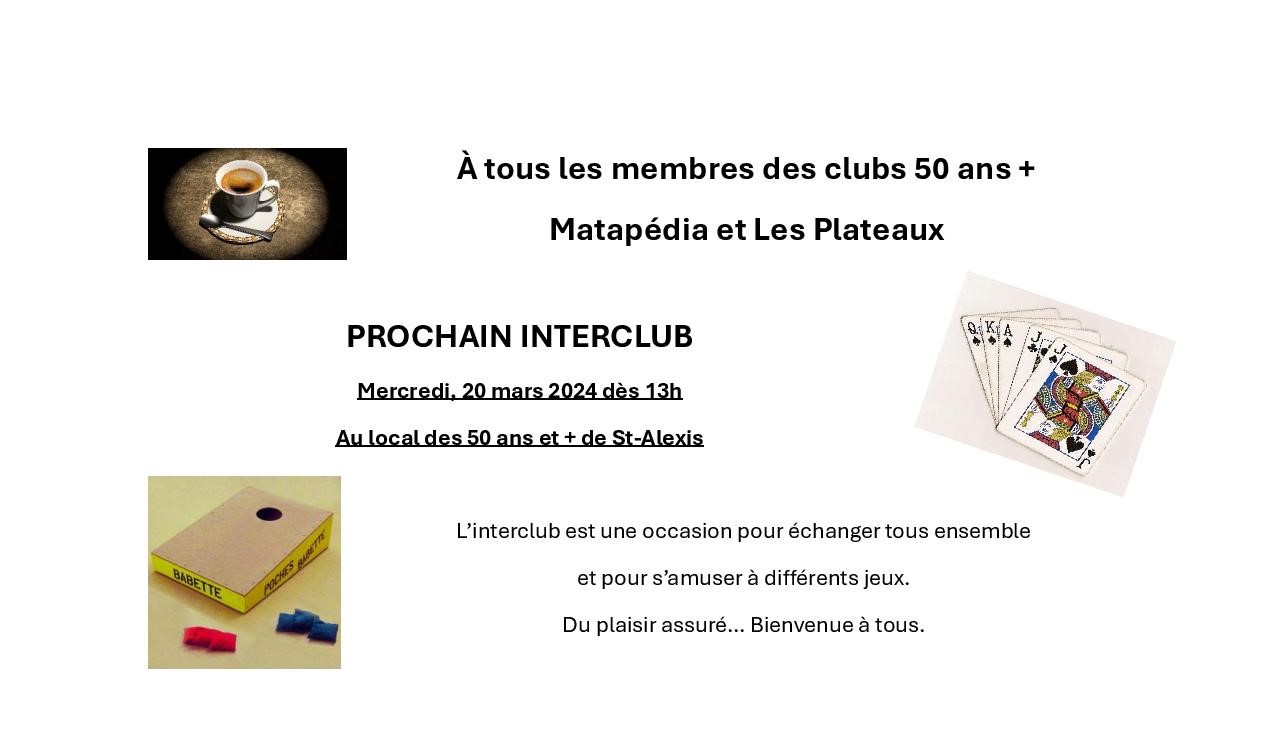 INTERCLUB - Clubs 50ans+ Matapédia et Les Plateaux