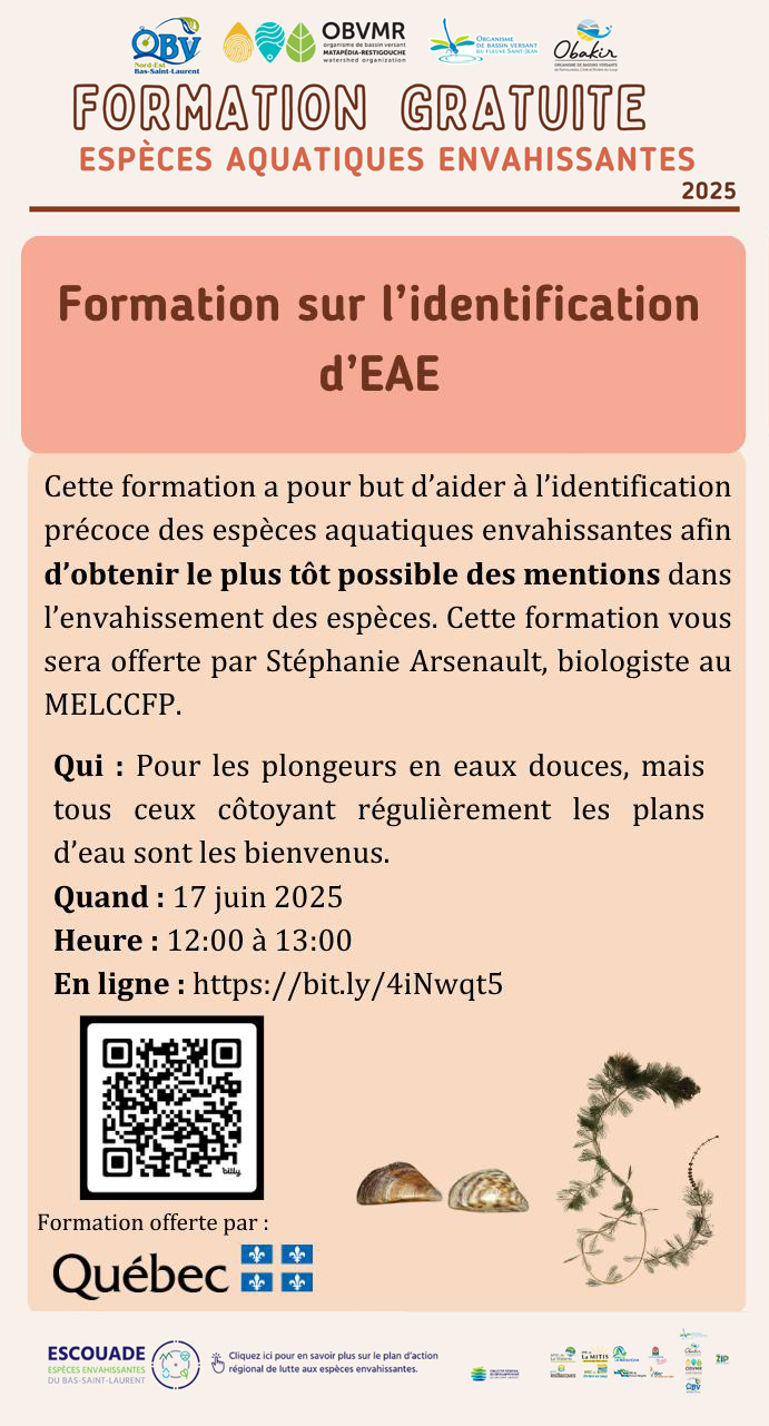 Formation sur l’identification d’EAE pour citoyens, plongeurs, et tous ceux qui côtoient les lacs et rivières