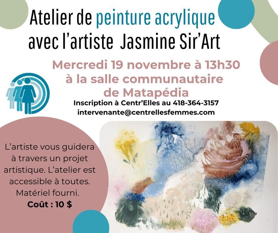 Atelier de peinture acrylique avec l'artiste Jasmine Sir'Art