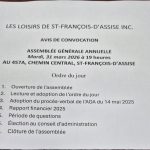 Assemblée générale annuelle (AGA) des Loisirs de St-François-d’Assise Inc.