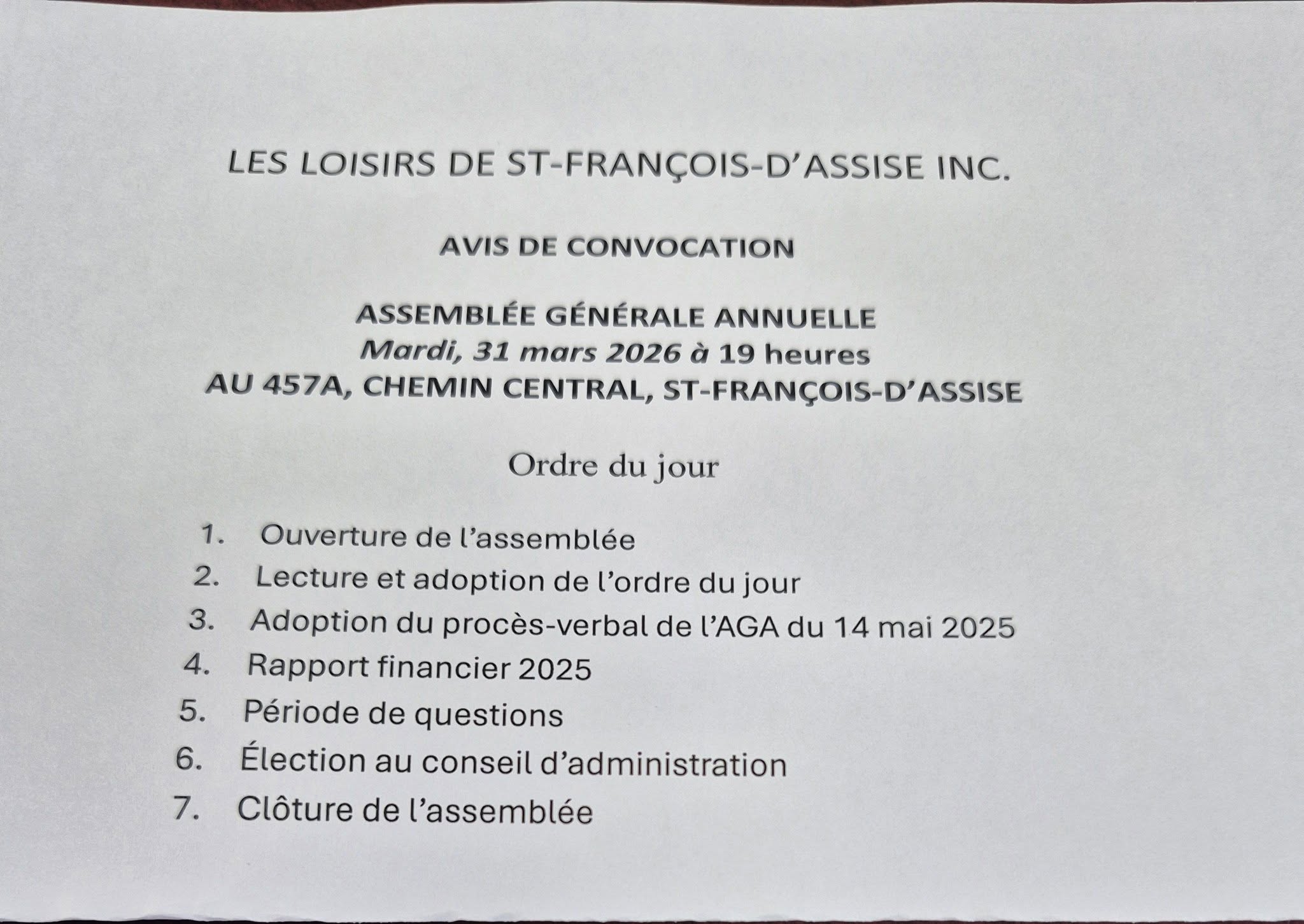 Assemblée générale annuelle (AGA) des Loisirs de St-François-d’Assise Inc.